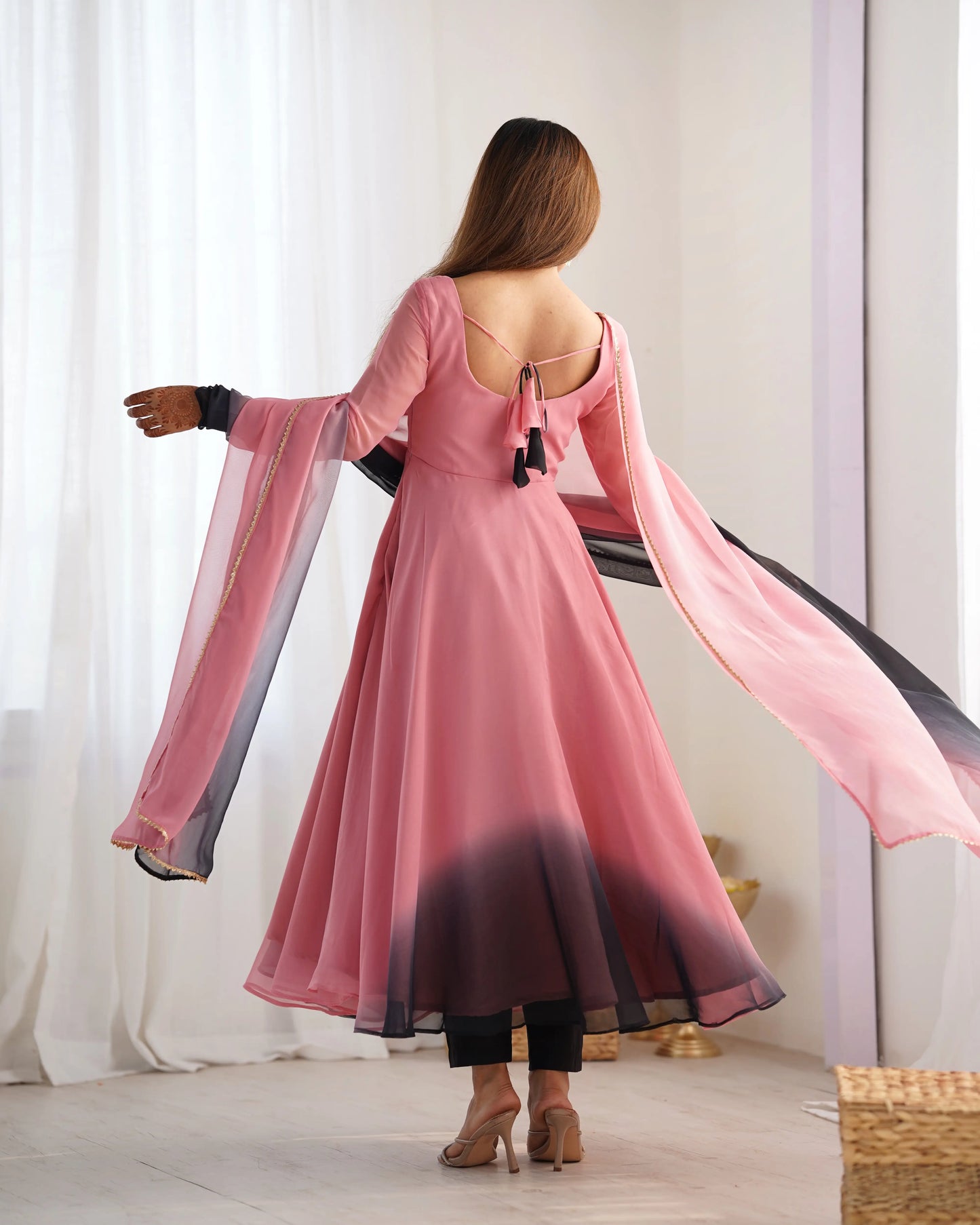 Powder Pink Georgette Long Dress with Multicolor Inserts and Dupatta