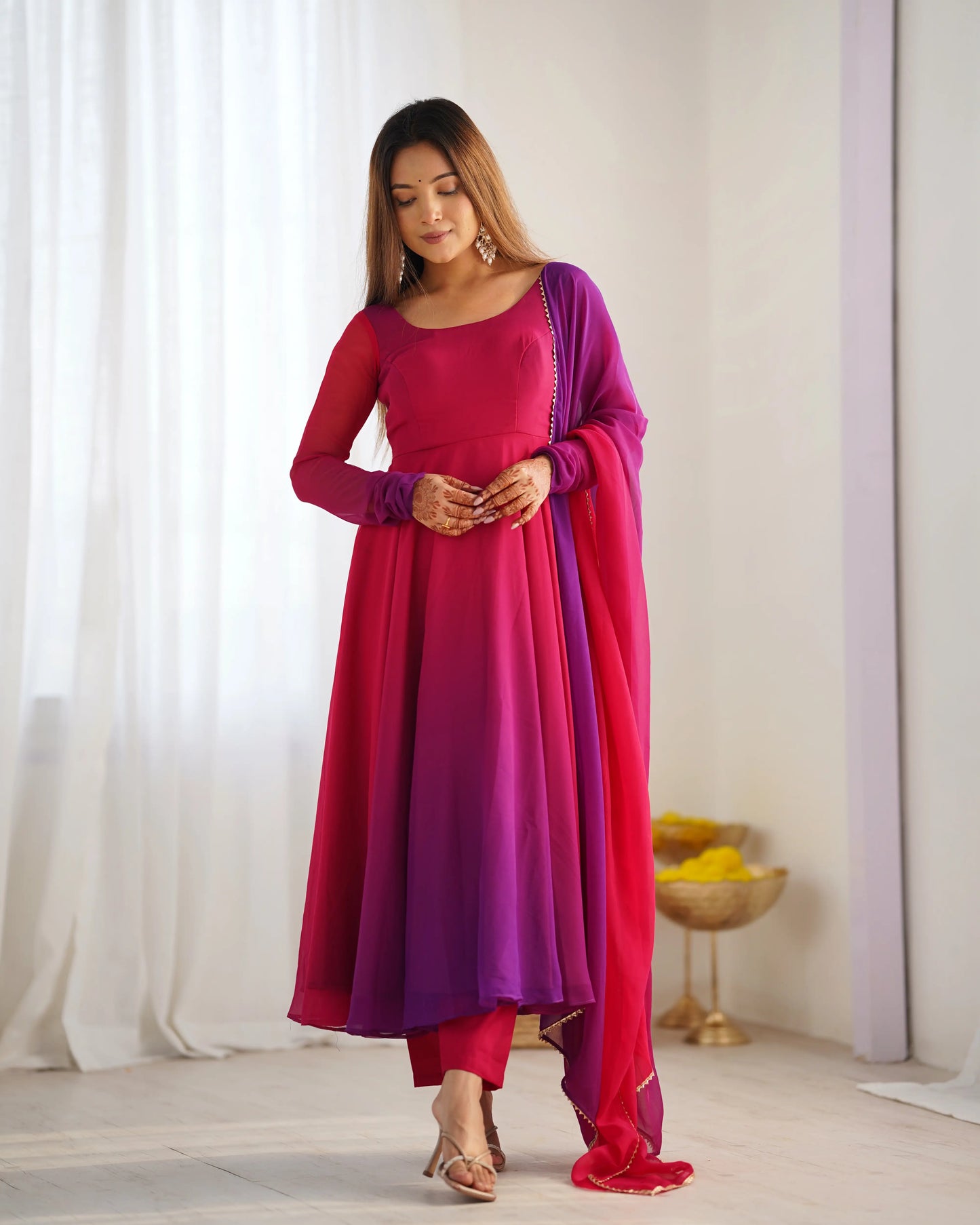 Dark Pink Georgette Long Dress with Colorful Panels and Dupatta