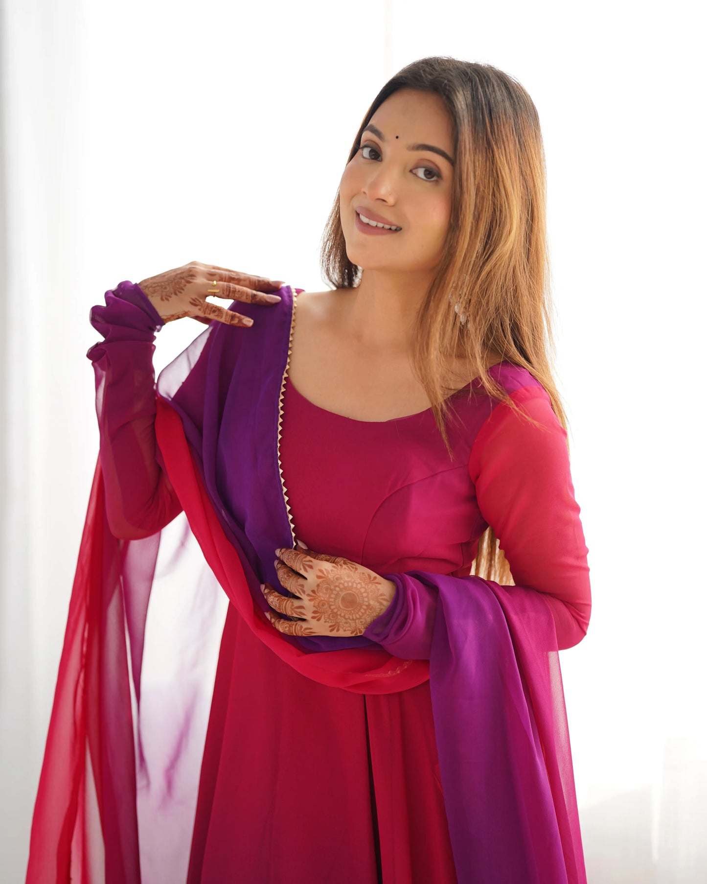 Dark Pink Georgette Long Dress with Colorful Panels and Dupatta