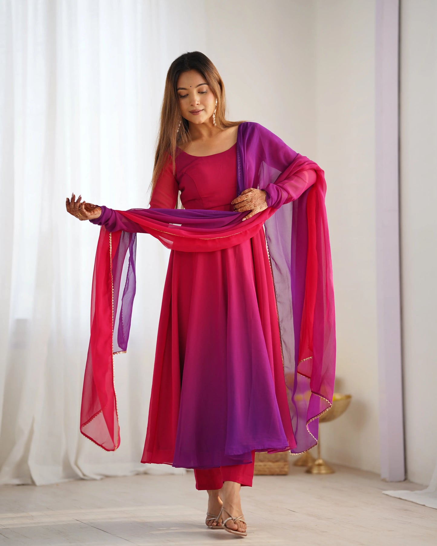 Dark Pink Georgette Long Dress with Colorful Panels and Dupatta