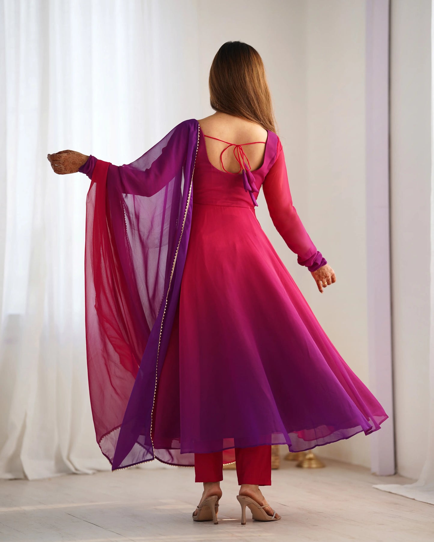 Dark Pink Georgette Long Dress with Colorful Panels and Dupatta