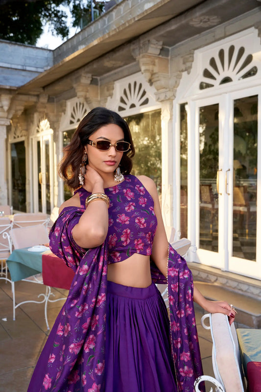 Lehenga Choli violet en soie Tussar violette avec imprimé floral COLLECTION NAV