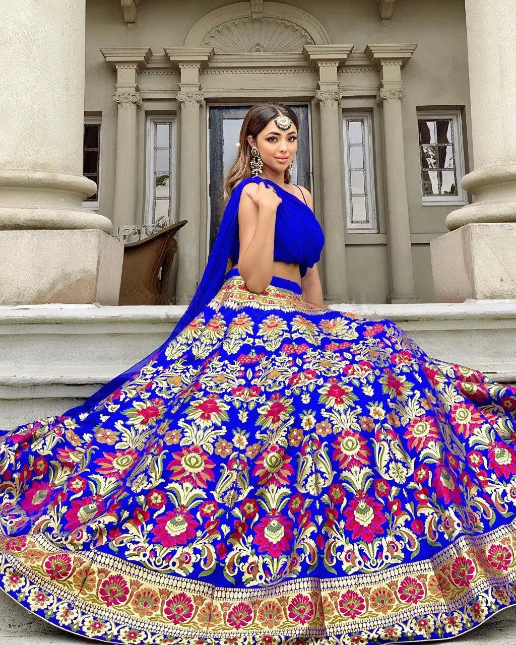 Royal Blue Banarasi Silk Lehenga Choli with Crop Top