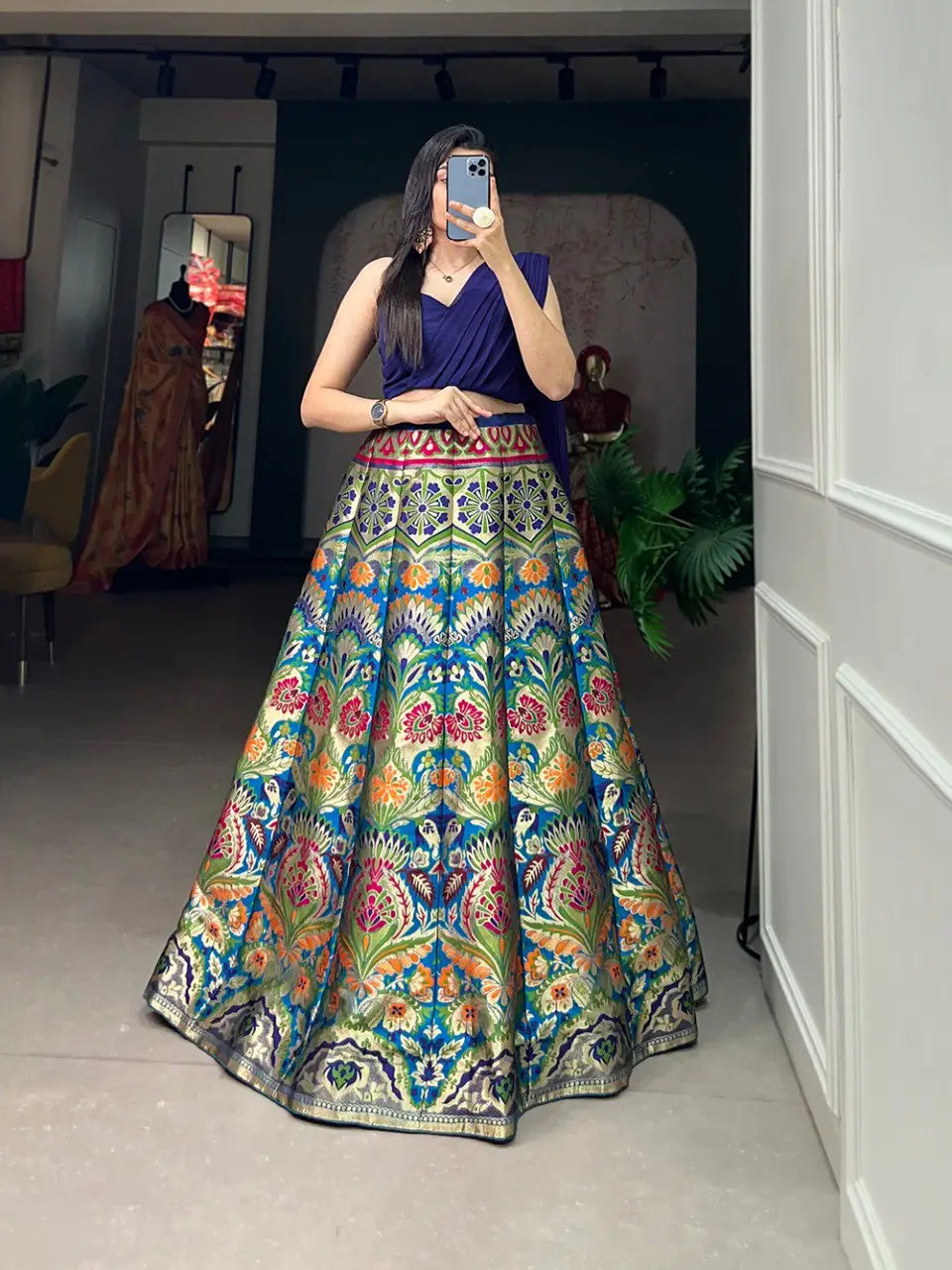 Royal Navy Blue Banarasi Silk Lehenga Choli with Crop Top