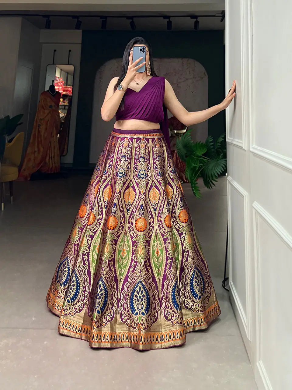 Royal Purple Banarasi Silk Lehenga Choli with Crop Top