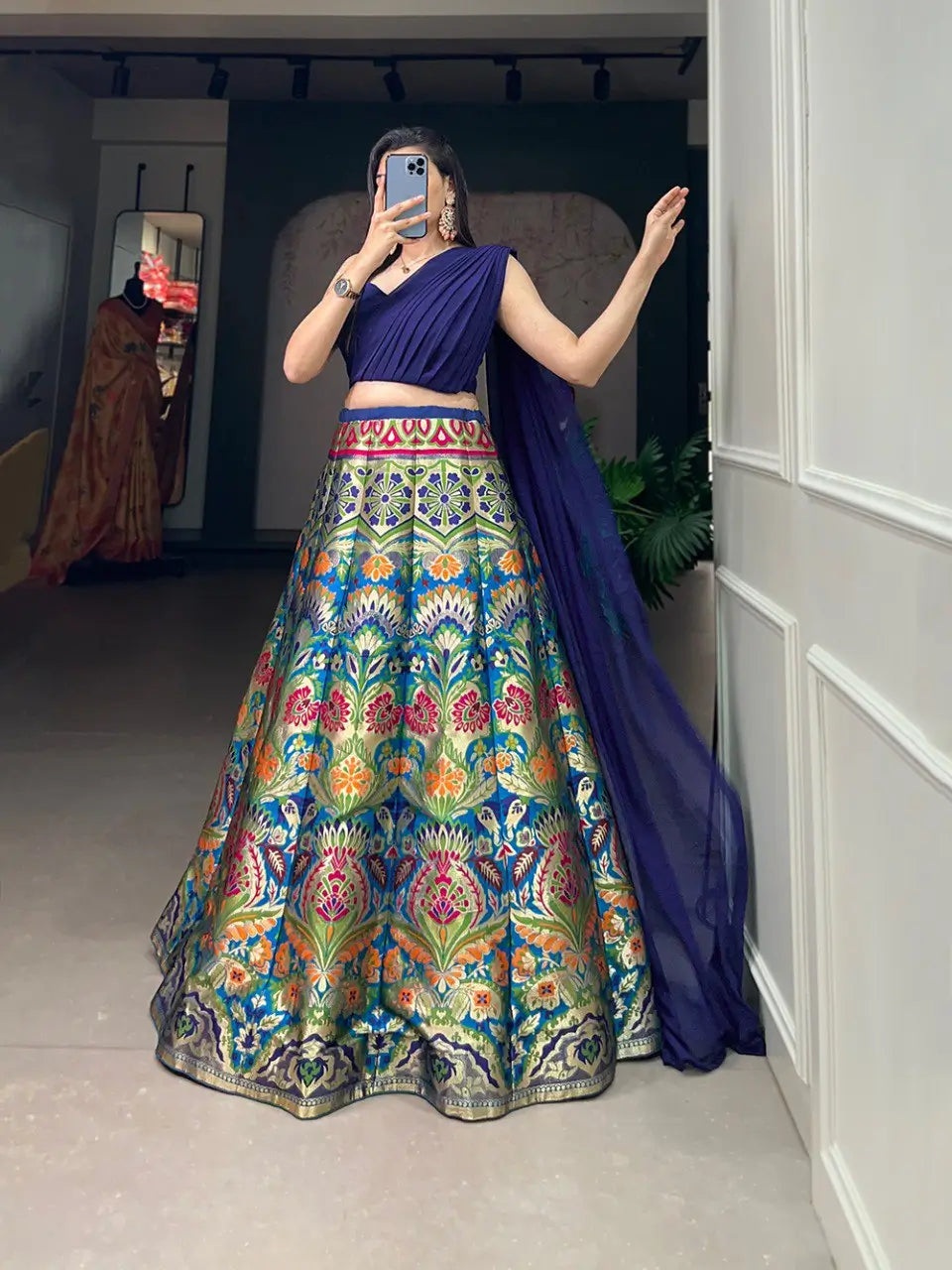 Royal Navy Blue Banarasi Silk Lehenga Choli with Crop Top