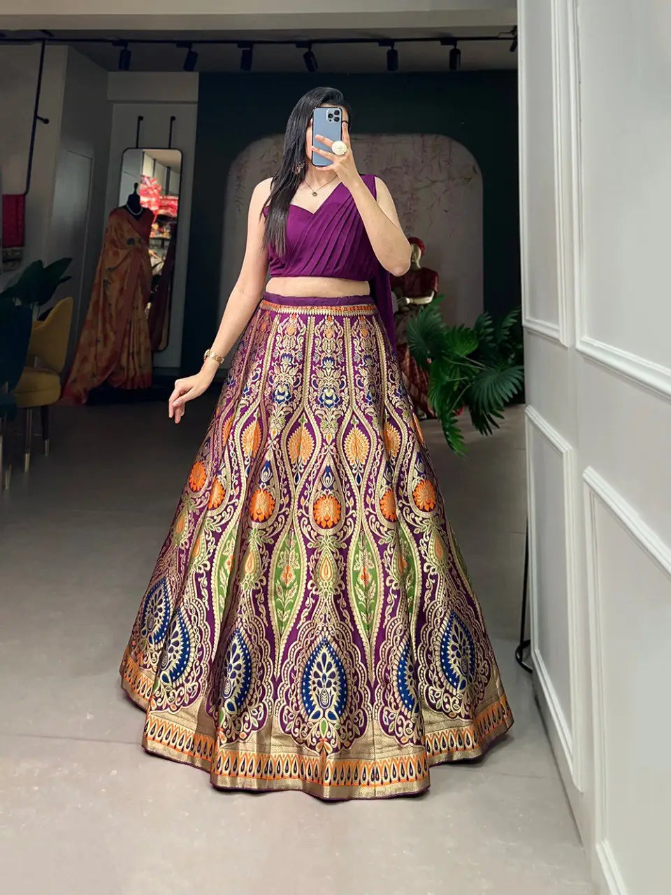 Royal Purple Banarasi Silk Lehenga Choli with Crop Top