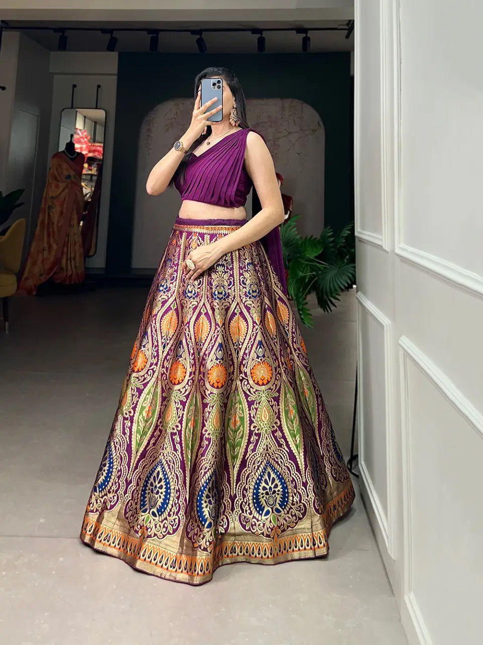 Royal Purple Banarasi Silk Lehenga Choli with Crop Top