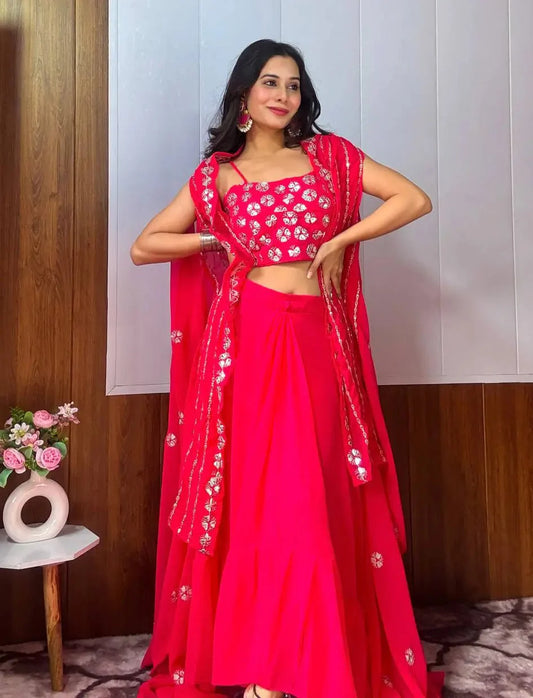 Indo-Western Sharara Set in Pink Georgette with Sequins and Paper Mirror