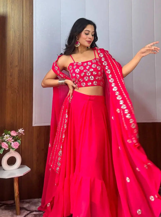 Indo-Western Sharara Set in Pink Georgette with Sequins and Paper Mirror