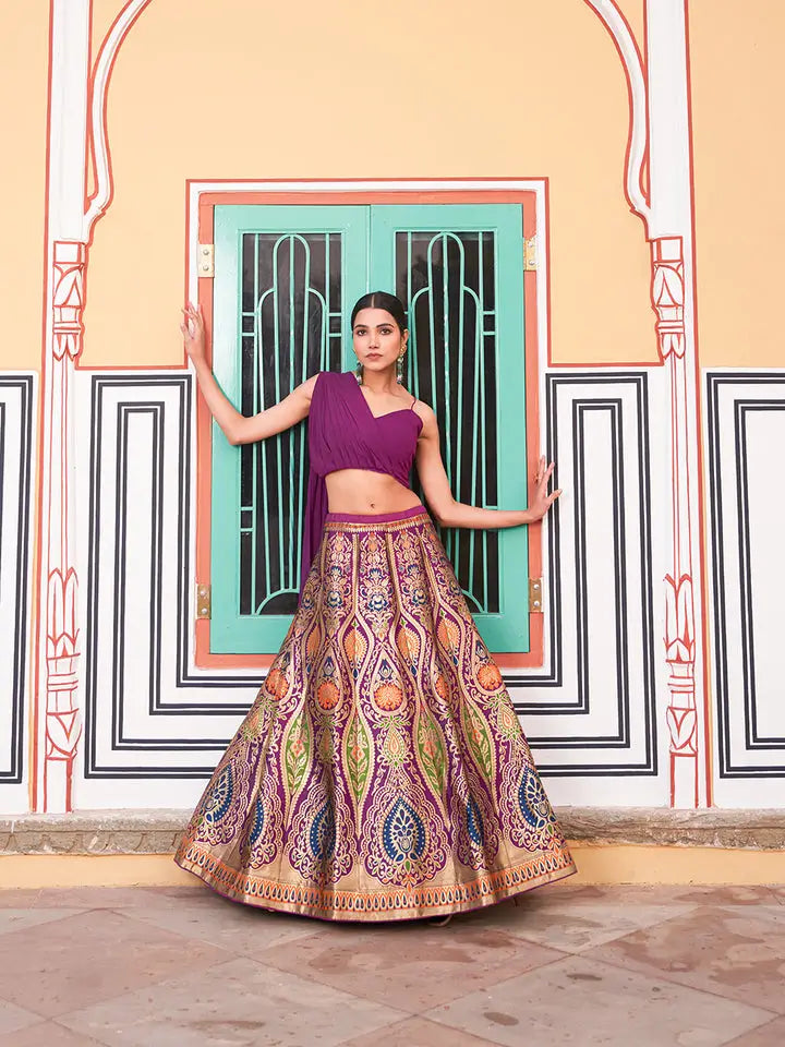 Royal Purple Banarasi Silk Lehenga Choli with Crop Top