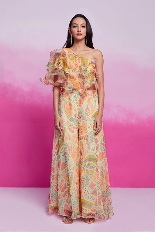 Ensemble coordonné imprimé crème en organza moderne et tendance