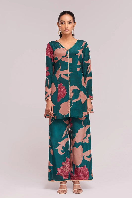Ensemble coordonné imprimé fleurs et de couleur bleu canard tendance (co-ord set)