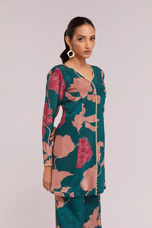 Ensemble coordonné imprimé fleurs et de couleur bleu canard tendance (co-ord set)