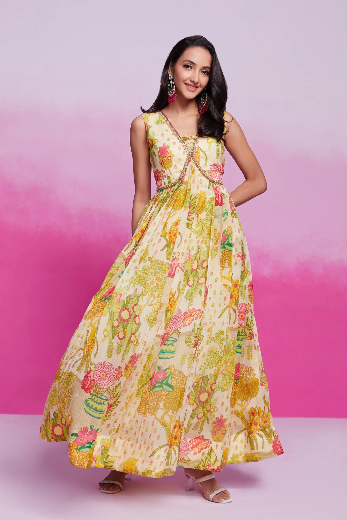 Lemon yellow printed organza dress with hand-embroidered embroidery