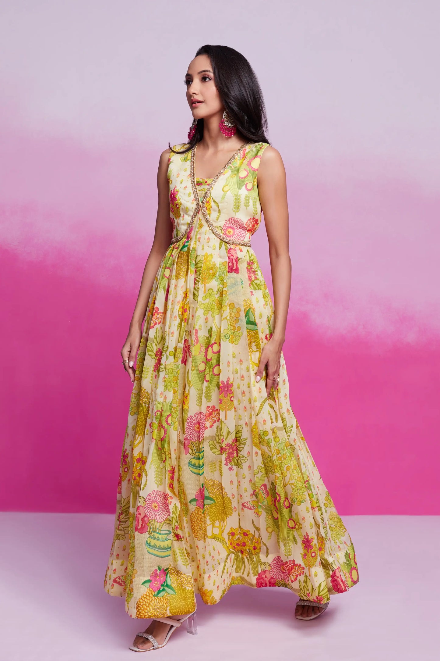 Lemon yellow printed organza dress with hand-embroidered embroidery