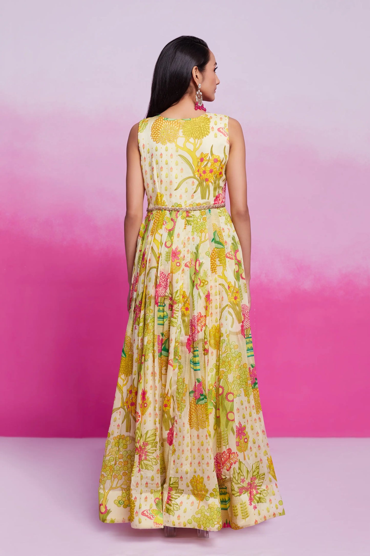 Lemon yellow printed organza dress with hand-embroidered embroidery