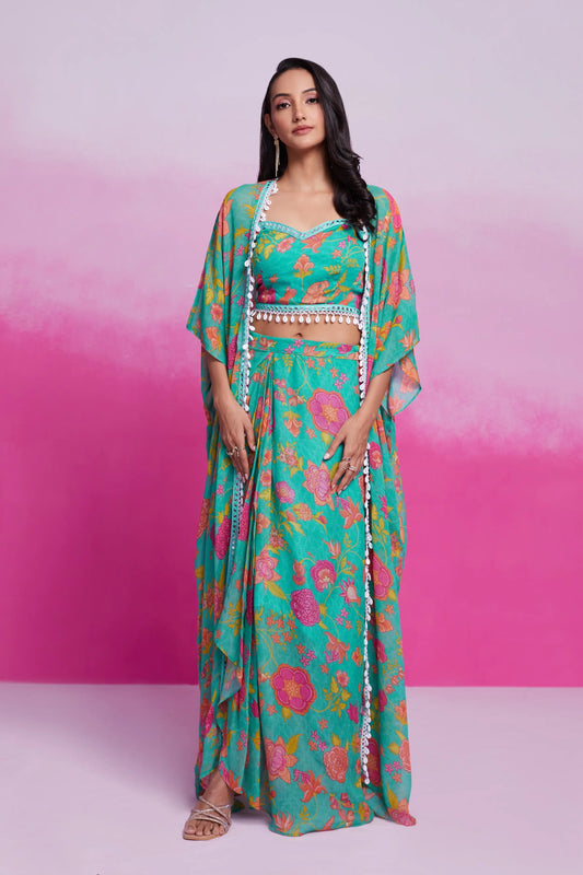 Ensemble coordonné en georgette imprimé turquoise avec pendants indo-occidental tendance