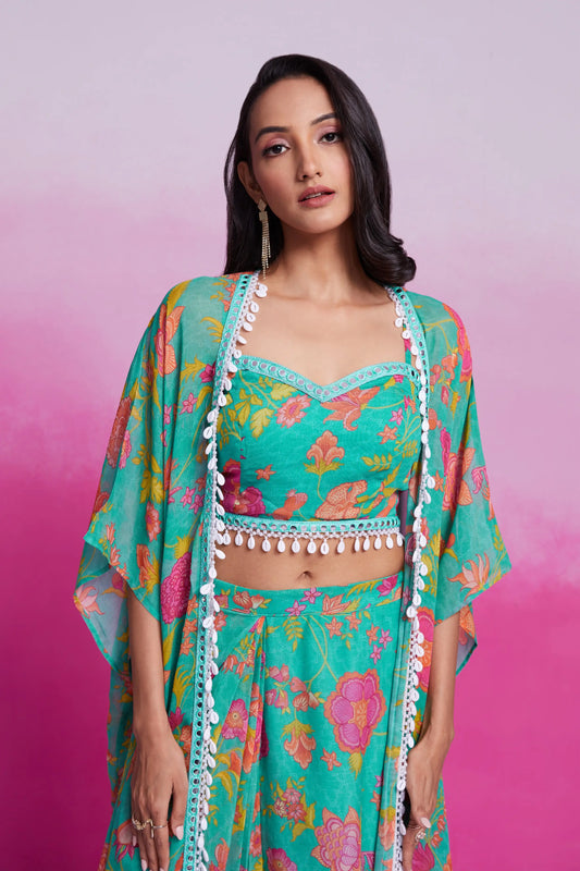 Ensemble coordonné en georgette imprimé turquoise avec pendants indo-occidental tendance
