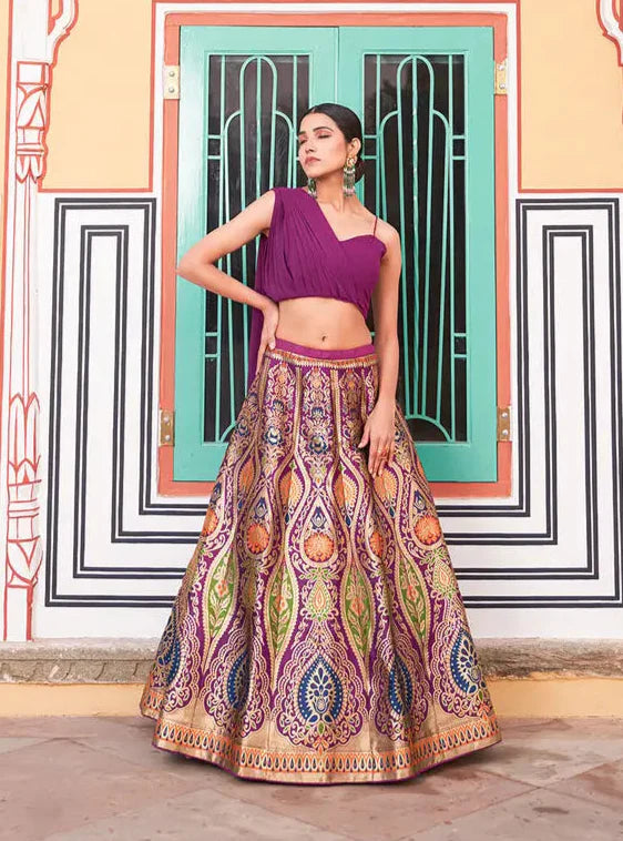 Royal Purple Banarasi Silk Lehenga Choli with Crop Top