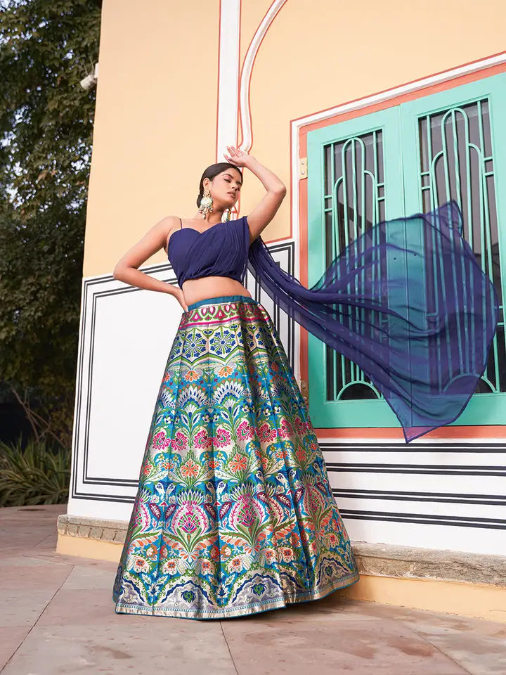 Royal Navy Blue Banarasi Silk Lehenga Choli with Crop Top