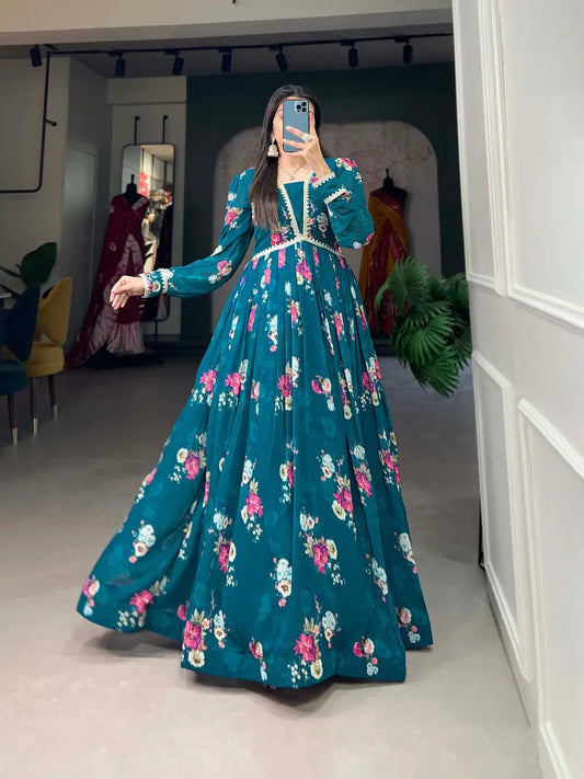 Robe en Georgette Bleu Sarcelle Foncé à Imprimé Floral