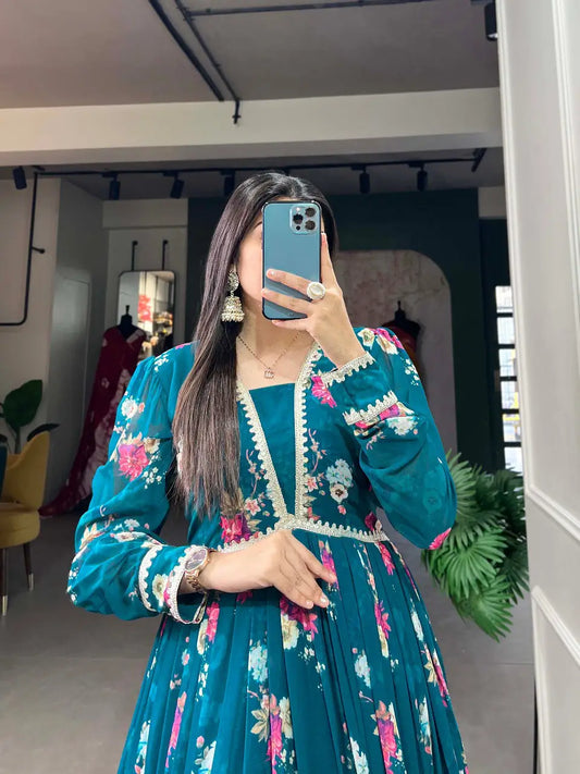Robe en Georgette Bleu Sarcelle Foncé à Imprimé Floral
