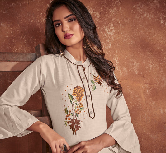 Beiges mittellanges Designer-Kurta-Oberteil aus Baumwolle