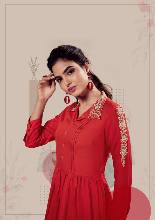 Orangefarbenes, schweres, kurzes Kurta-Top im Designer-Stil aus Viskose