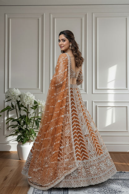 Lehenga orange rouille somptueux en butterfly net avec broderies de sequins