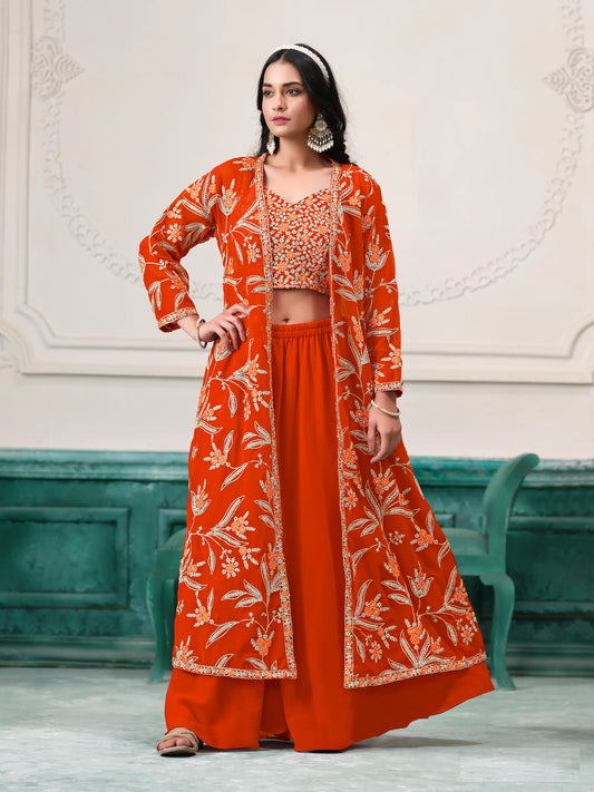 Orangefarbenes indo-westliches Sharara-Set aus Georgette mit Faden- und Paillettenstickerei