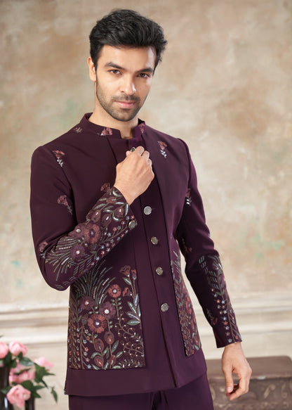 Ensemble Homme Costume Jodhpuri Violet Pourpre Haut de Gamme en Terry Rayon avec Broderies de fleurs et Sequins COLLECTION KANWAR