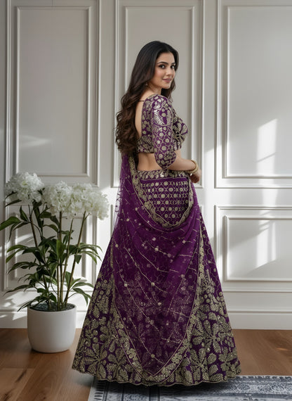 Lehenga violet foncé somptueux en butterfly net avec broderies de sequins