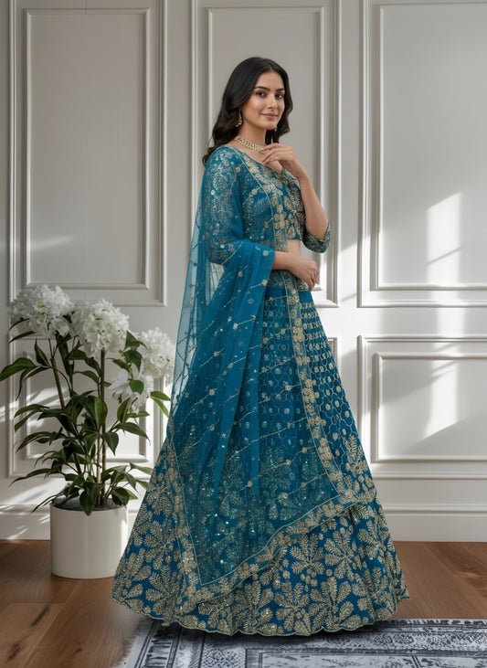 Lehenga bleu de soirée somptueux en butterfly net avec broderies de sequins
