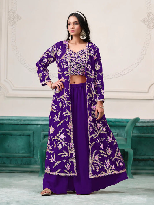 Lilafarbenes indo-westliches Sharara-Set aus Georgette mit Fadenstickerei und Pailletten