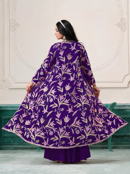 Lilafarbenes indo-westliches Sharara-Set aus Georgette mit Fadenstickerei und Pailletten