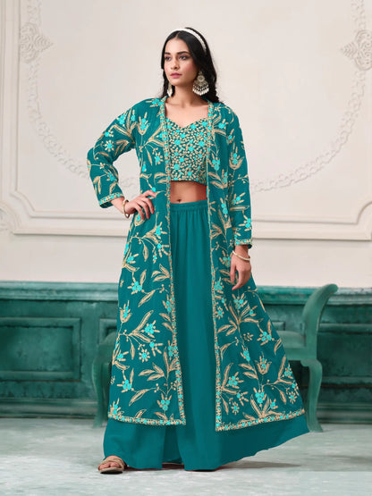Blaues indo-westliches Georgette-Set mit Fadenstickerei und Pailletten 
