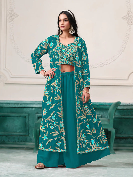 Blaues indo-westliches Georgette-Set mit Fadenstickerei und Pailletten 
