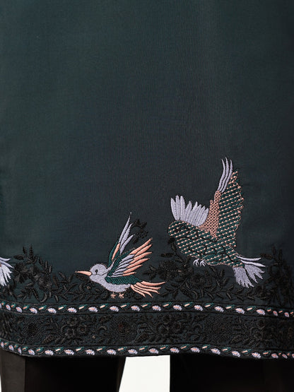 Ensemble Homme Kurta vert foncé à motifs oiseaux doux avec dupatta COLLECTION AJIT