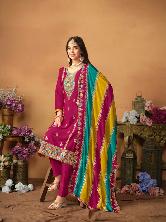 Salwar Pantalon rose foncé avec Dupatta multicolore assorti COLLECTION LOUNA