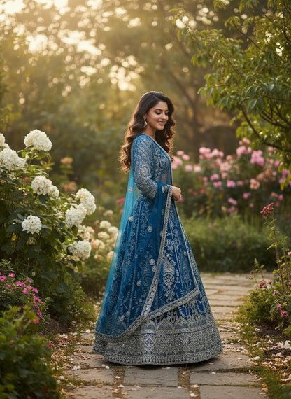 Lehenga bleu minuit somptueux en butterfly net avec broderies de sequins