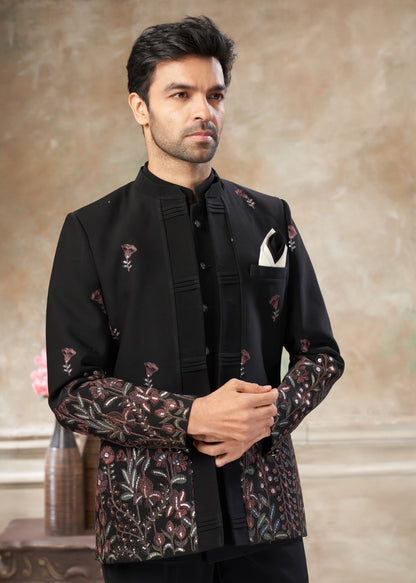 Ensemble Homme Costume Jodhpuri Noir Avec Poche Sur Veste Haut de Gamme en Terry Rayon avec Broderies de fleurs et Sequins COLLECTION KANWAR