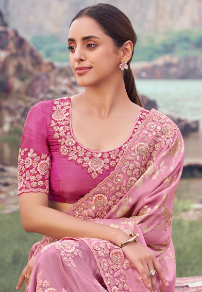 Sari rose foncé et clair en pure soie avec jacquard COLLECTION SAYAARAH