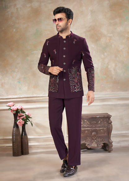 Ensemble Homme Costume Jodhpuri Violet Pourpre Haut de Gamme en Terry Rayon avec Broderies de fleurs et Sequins COLLECTION KANWAR