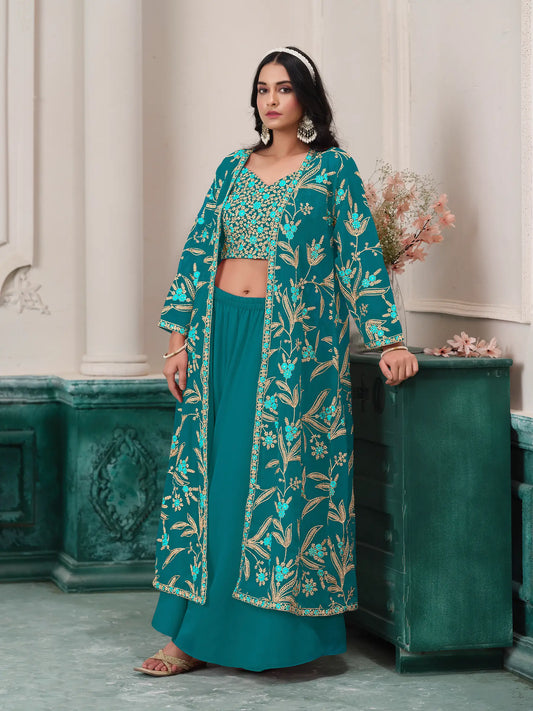 Blaues indo-westliches Georgette-Set mit Fadenstickerei und Pailletten 