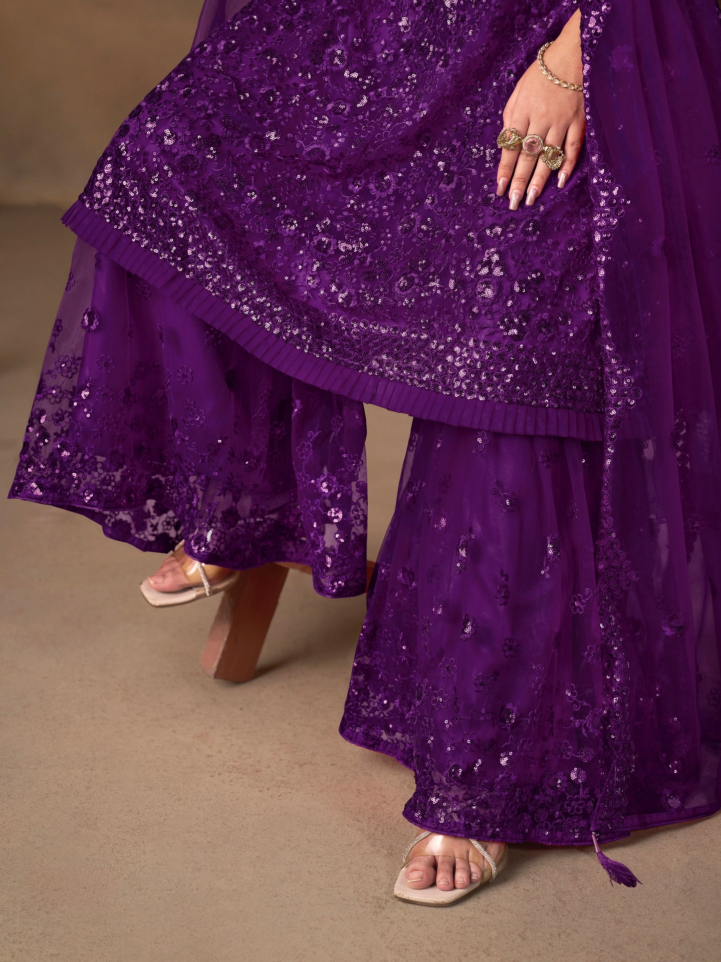 Berry-purple red Sharara set with cord embroidery, sequins and riveted beads