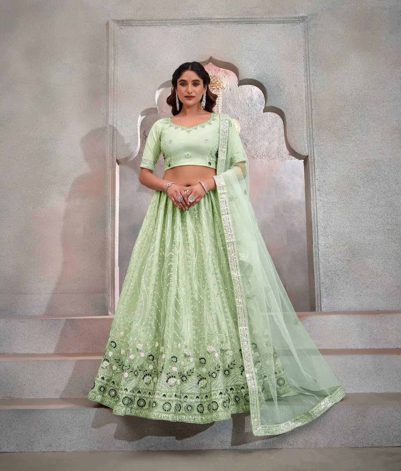 Lehenga Choli Rose Vert Menthe en Tulle | Broderies de Fils et Sequins