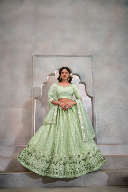 Lehenga Choli Rose Vert Menthe en Tulle | Broderies de Fils et Sequins