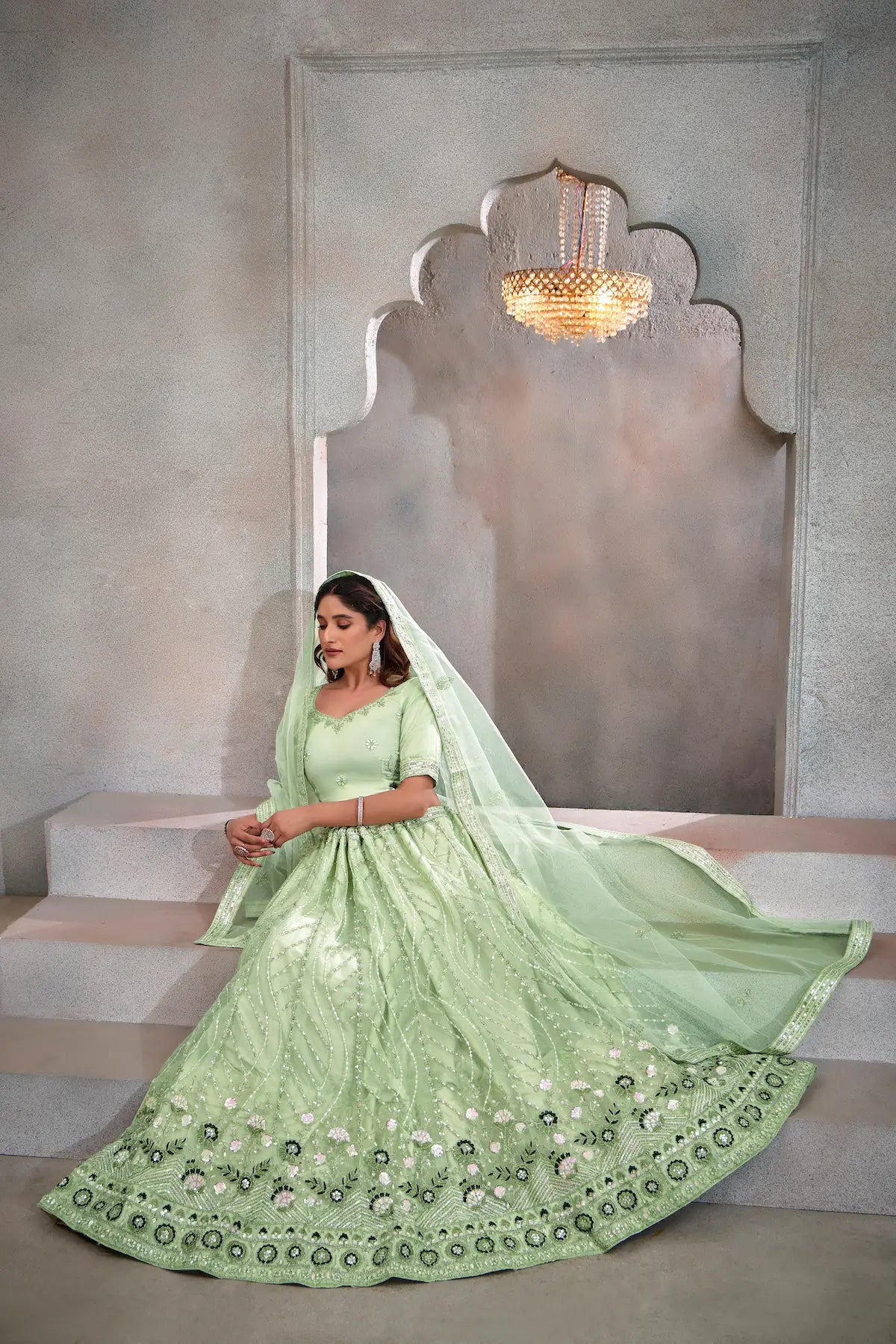 Lehenga Choli Rose Vert Menthe en Tulle | Broderies de Fils et Sequins