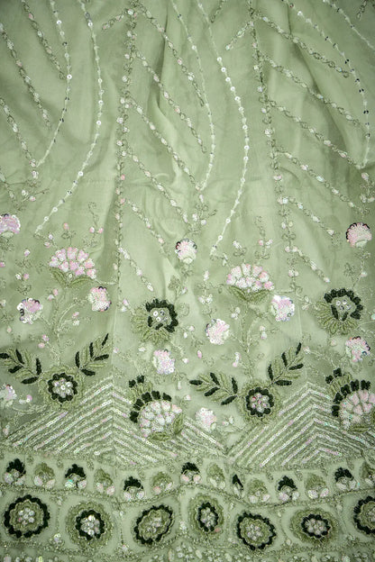 Lehenga Choli Rose Vert Menthe en Tulle | Broderies de Fils et Sequins